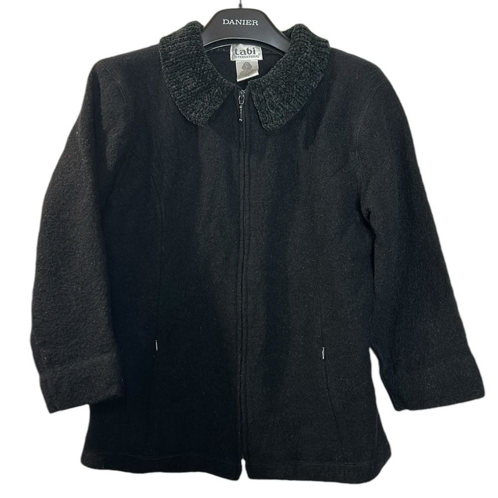 Vintage Tabi women’s zippered cardigan all wool black soft chenille neckline XL